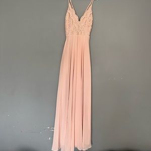 Light pink crochet top cross back LuLus gown/prom dress